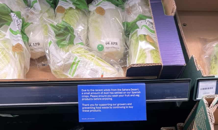 Signo de verduras polvorientas en Tesco