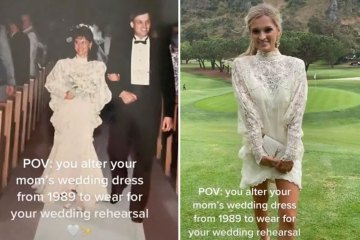 La novia transforma el vestido de novia de mamá en un elegante vestido corto para el ensayo de la boda 