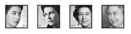 Los cuatro sellos de Royal Mail de la reina Isabel II emitidos en memoria del difunto monarca.