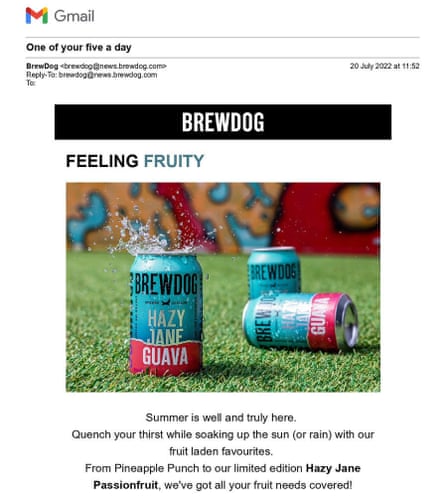 Correo electrónico de Brewdog que anuncia cervezas con sabor a frutas