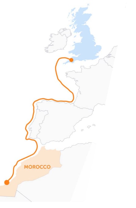 La ruta propuesta del cable submarino Marruecos-Reino Unido.