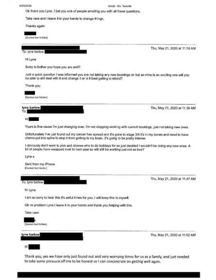 Un intercambio de correo electrónico redactado que Lyne Barlow tuvo con un cliente sobre su sospecha de cáncer.