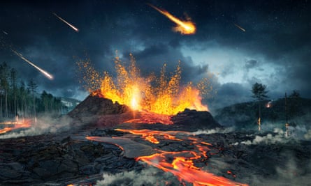 Supervolcán en erupción contra el cielo nublado